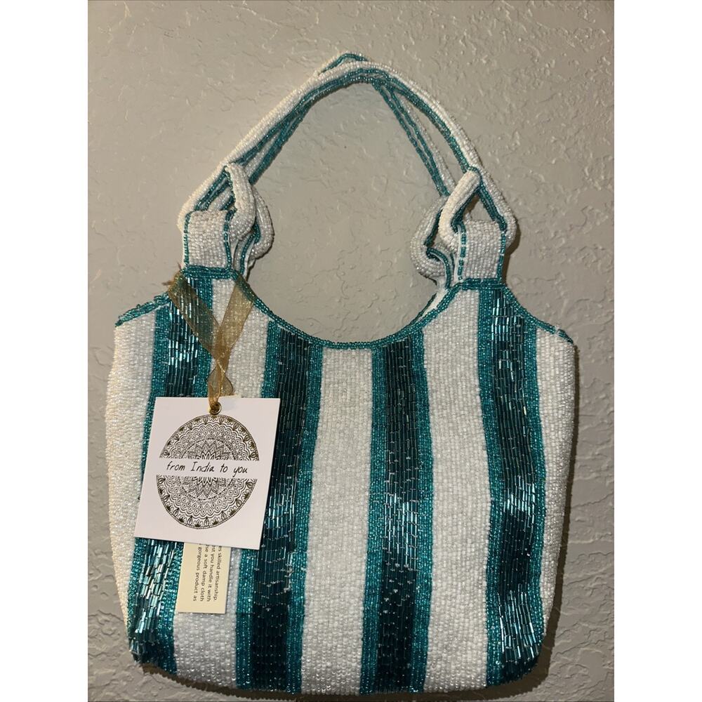 Turquoise & White Striped Beaded Bag Handbag NWT M ade in India - Picture 2 of 5